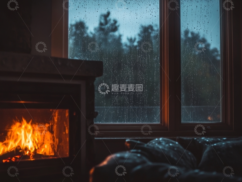 高清大图下载【趣麦麦图】雨夜窗前的温暖壁炉