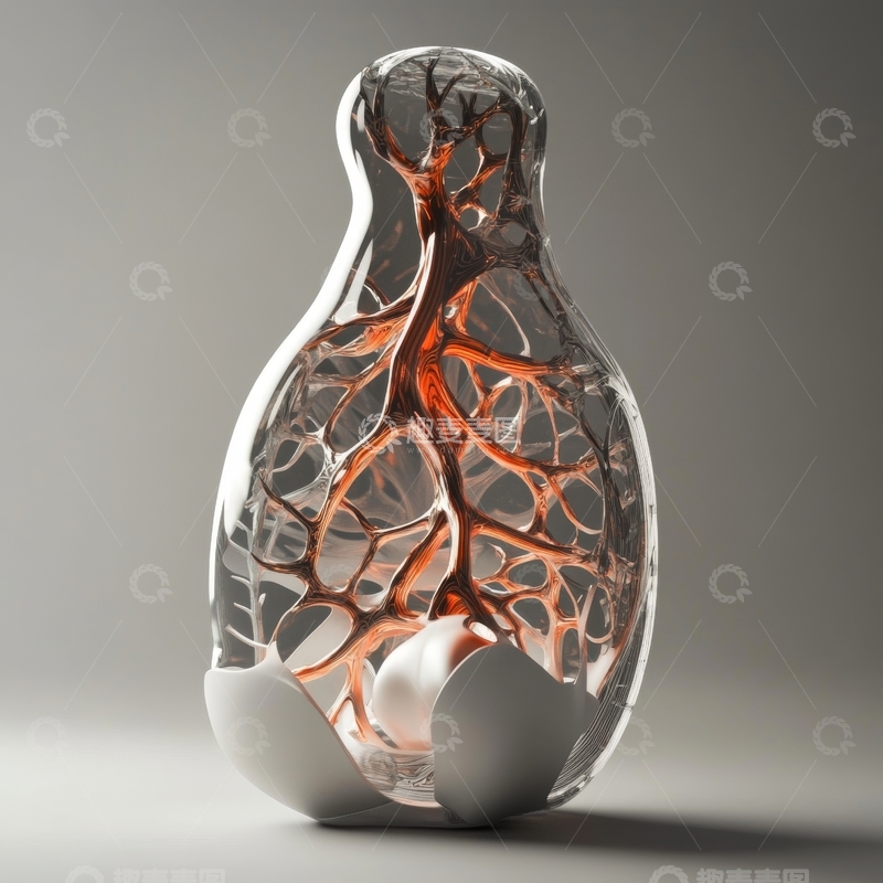 高清大图下载【趣麦麦图】透明雕塑中的红色脉络结构