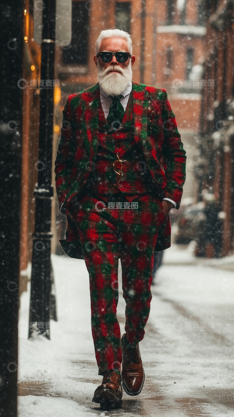雪中行走的时尚老人