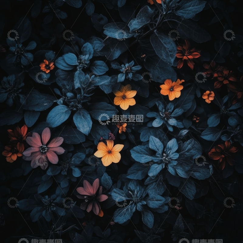 高清大图下载【趣麦麦图】深色背景下的多彩小花