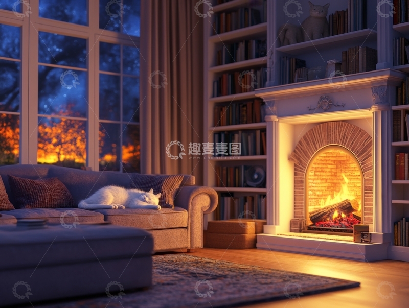 高清大图下载【趣麦麦图】温馨客厅，壁炉旁的宁静夜晚