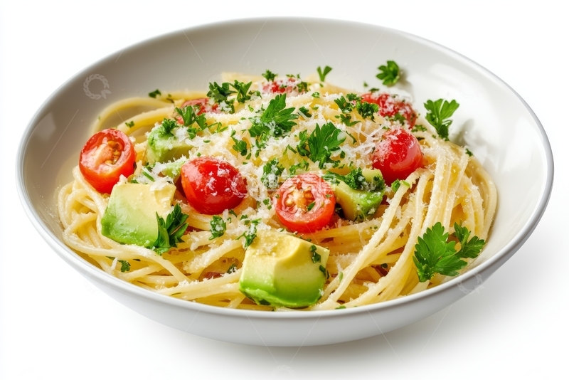 高清大图下载【趣麦麦图】意大利面配番茄、牛油果和香草