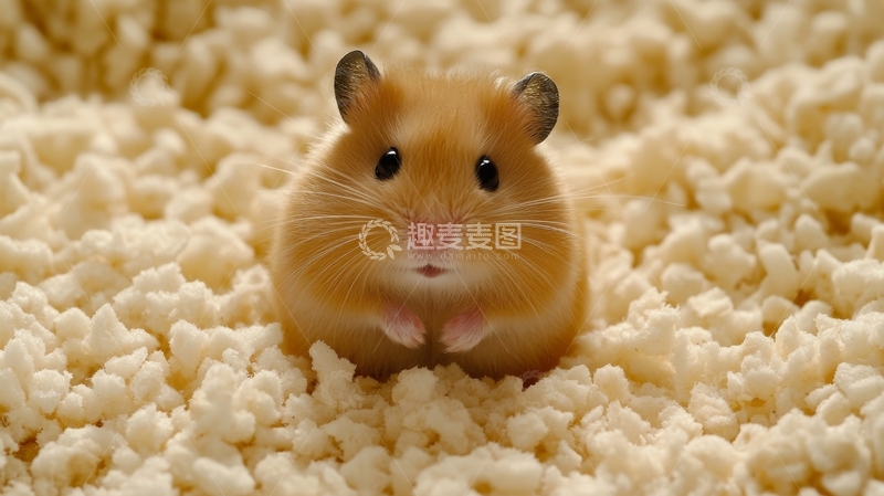 高清大图下载【趣麦麦图】小仓鼠坐在米色颗粒上的可爱场景