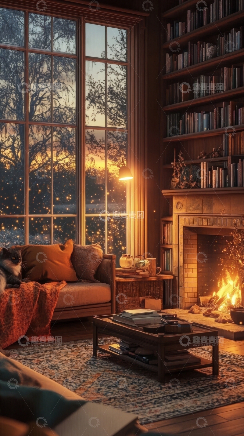 高清大图下载【趣麦麦图】温馨书房，炉火映照夕阳