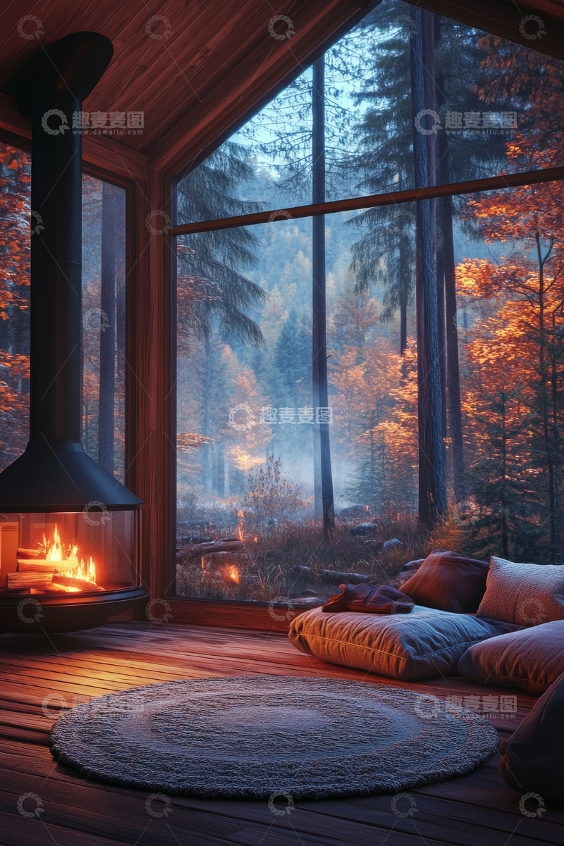 高清大图下载【趣麦麦图】林间小屋的温馨秋夜