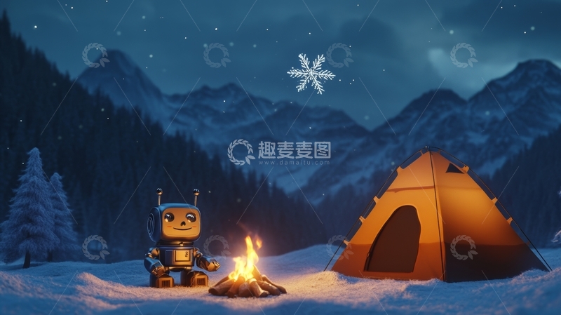 高清大图下载【趣麦麦图】雪夜露营，机器人与篝火相伴