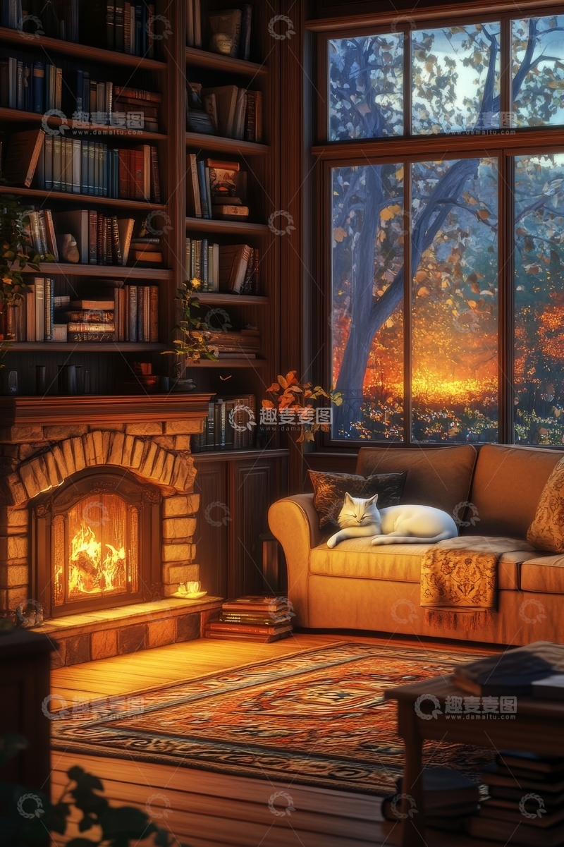 高清大图下载【趣麦麦图】温馨书房内的秋日黄昏