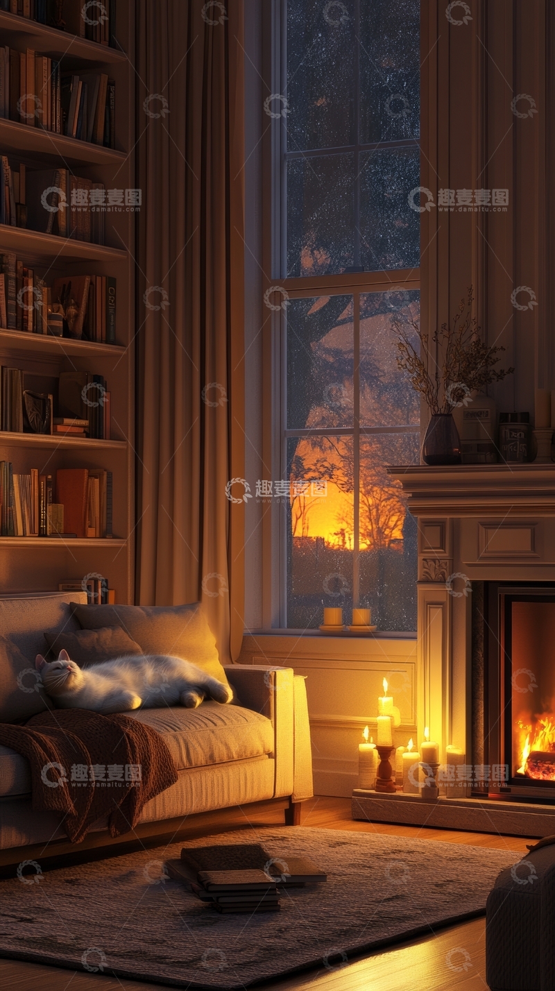 高清大图下载【趣麦麦图】温馨客厅，壁炉旁的宁静时光