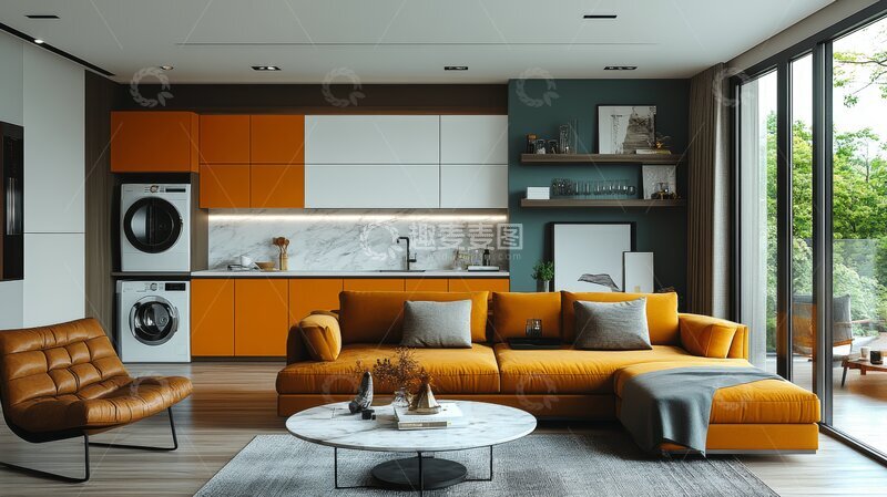 高清大图下载【趣麦麦图】现代客厅与厨房一体化设计