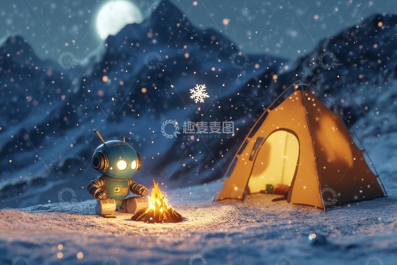 高清大图下载【趣麦麦图】雪夜露营，机器人围火旁
