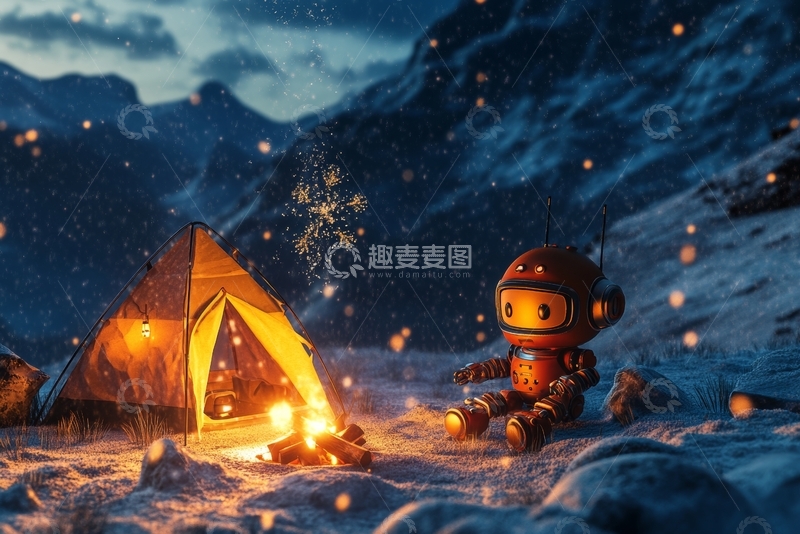 高清大图下载【趣麦麦图】星空下机器人与帐篷的奇幻夜景