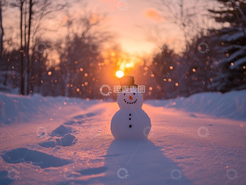 高清大图下载【趣麦麦图】雪地里的雪人与夕阳