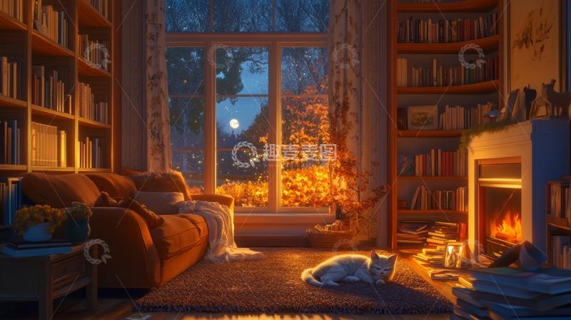 高清大图下载【趣麦麦图】温馨客厅夜景，窗外秋色迷人