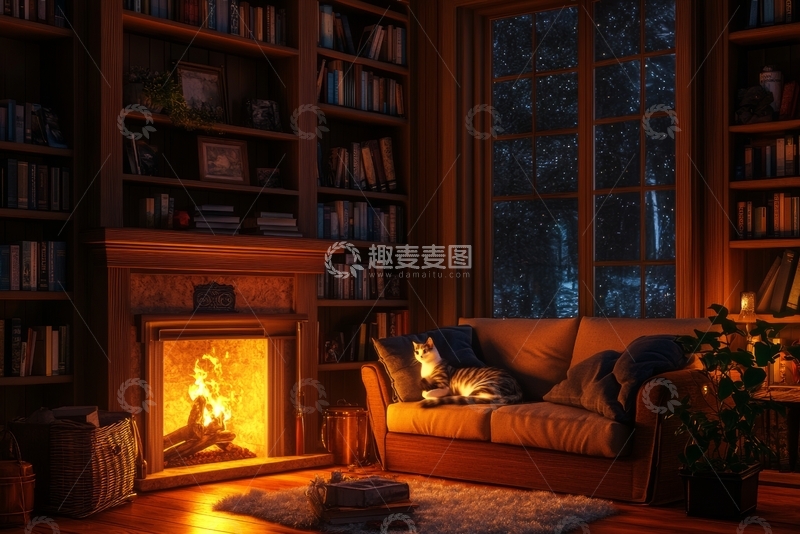 高清大图下载【趣麦麦图】温馨书房内的壁炉与沙发
