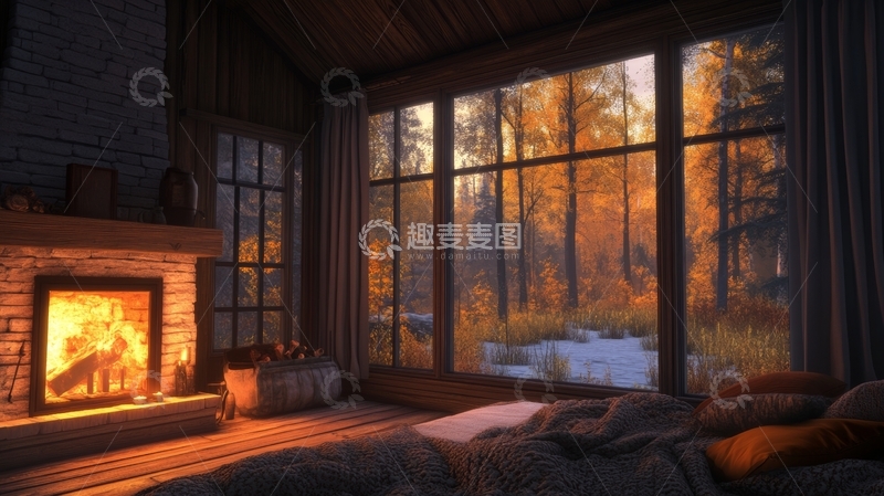 高清大图下载【趣麦麦图】温馨木屋内景，窗外秋林雪景