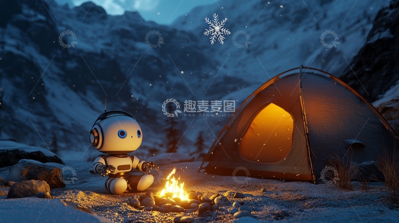 高清大图下载【趣麦麦图】雪夜露营，机器人与篝火相伴