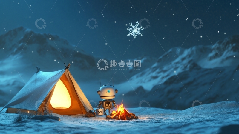 高清大图下载【趣麦麦图】雪夜露营，机器人与篝火相伴