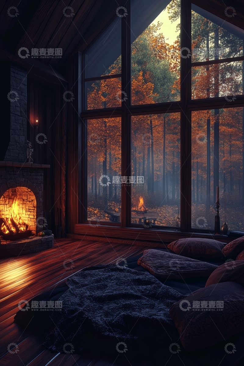 高清大图下载【趣麦麦图】温馨木屋，窗外秋林与篝火
