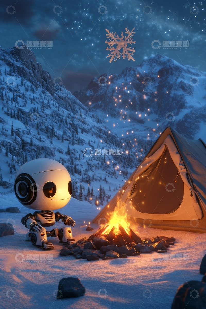 高清大图下载【趣麦麦图】雪夜露营，机器人伴火光