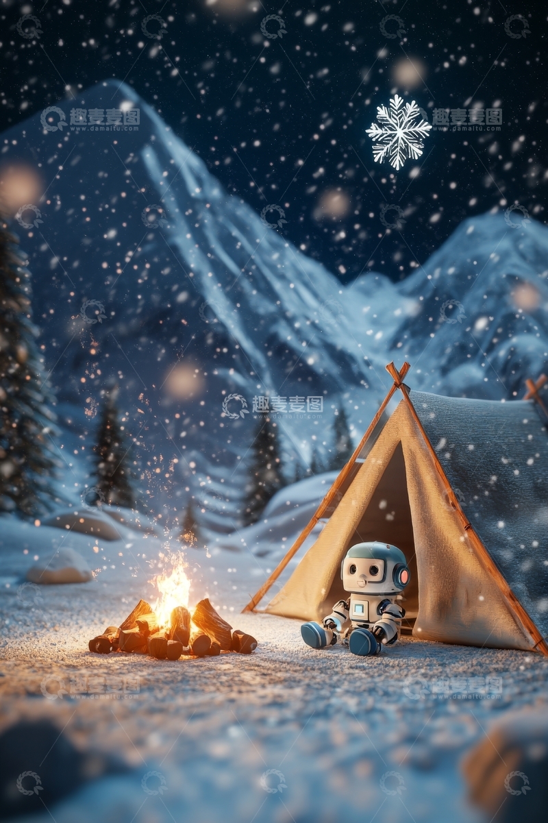 高清大图下载【趣麦麦图】雪夜露营，机器人伴火光