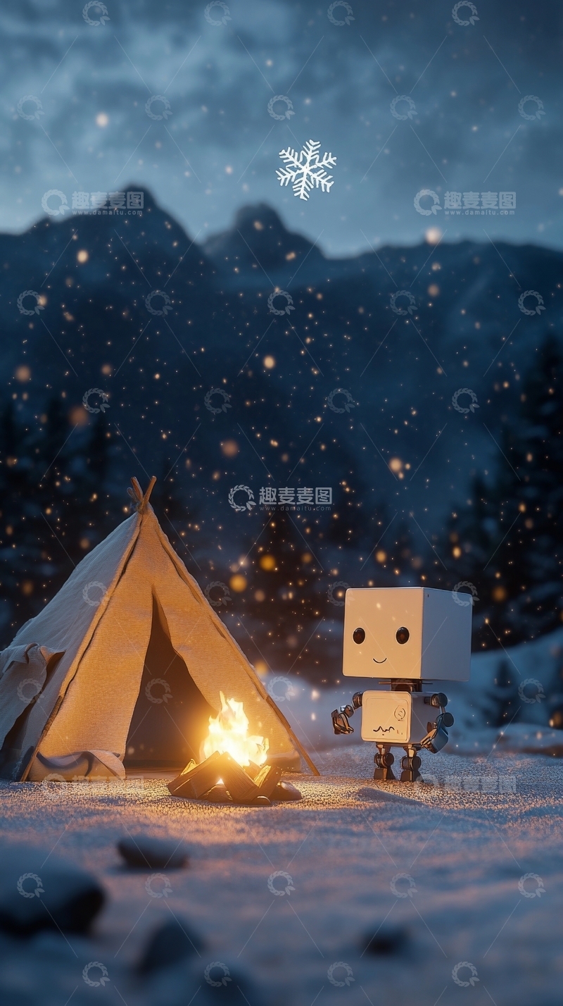 高清大图下载【趣麦麦图】冬夜篝火旁的帐篷与机器人