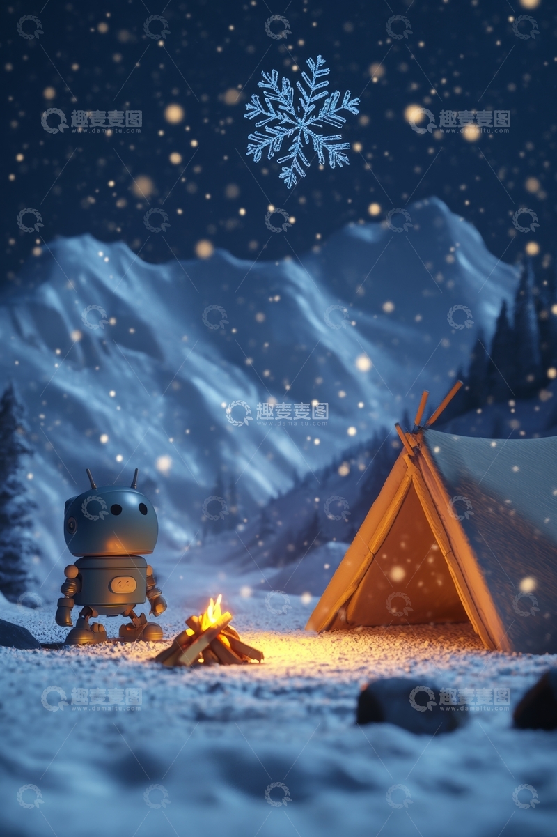 高清大图下载【趣麦麦图】雪夜露营，机器人与篝火