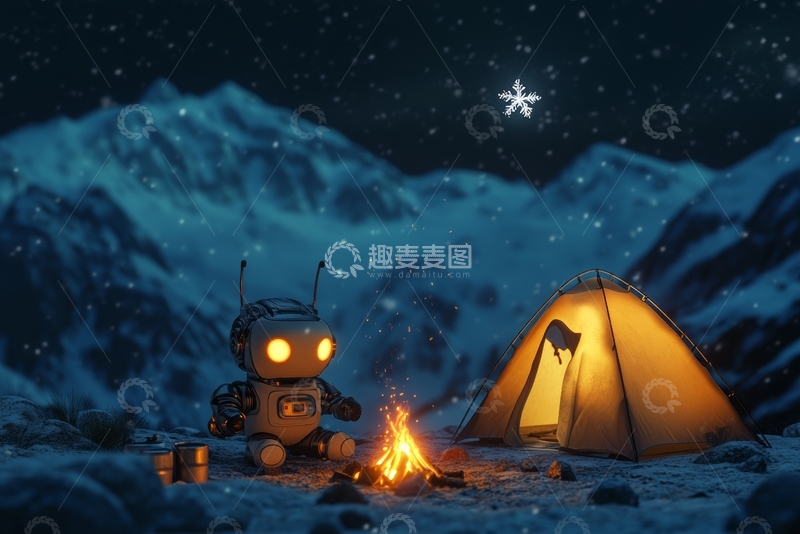高清大图下载【趣麦麦图】夜幕下的机器人露营
