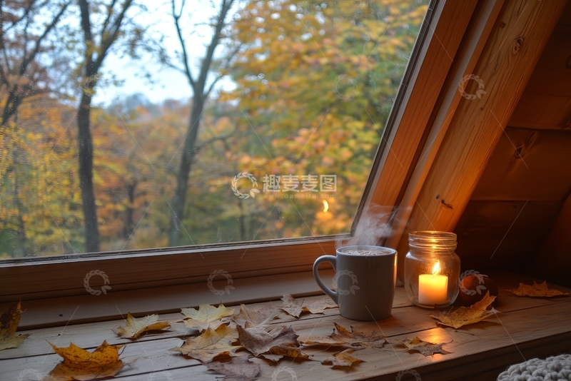 高清大图下载【趣麦麦图】秋日窗台：热饮与烛光