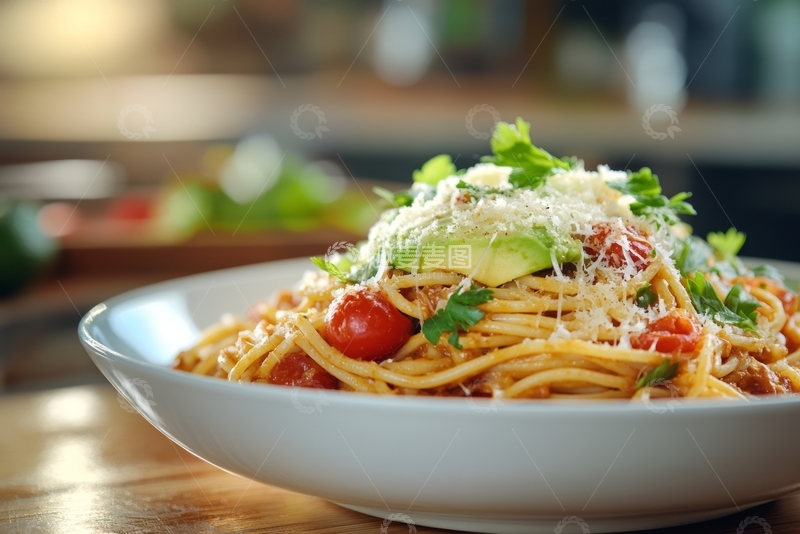 高清大图下载【趣麦麦图】意大利面配番茄酱、牛油果和香草