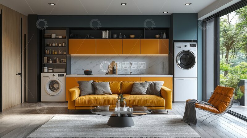 高清大图下载【趣麦麦图】现代客厅与洗衣房结合设计