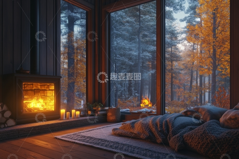 高清大图下载【趣麦麦图】温馨木屋内景，窗外秋林美景