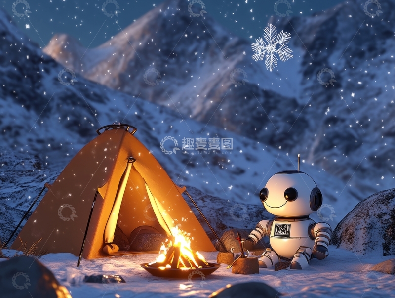 高清大图下载【趣麦麦图】雪夜露营，机器人伴火光