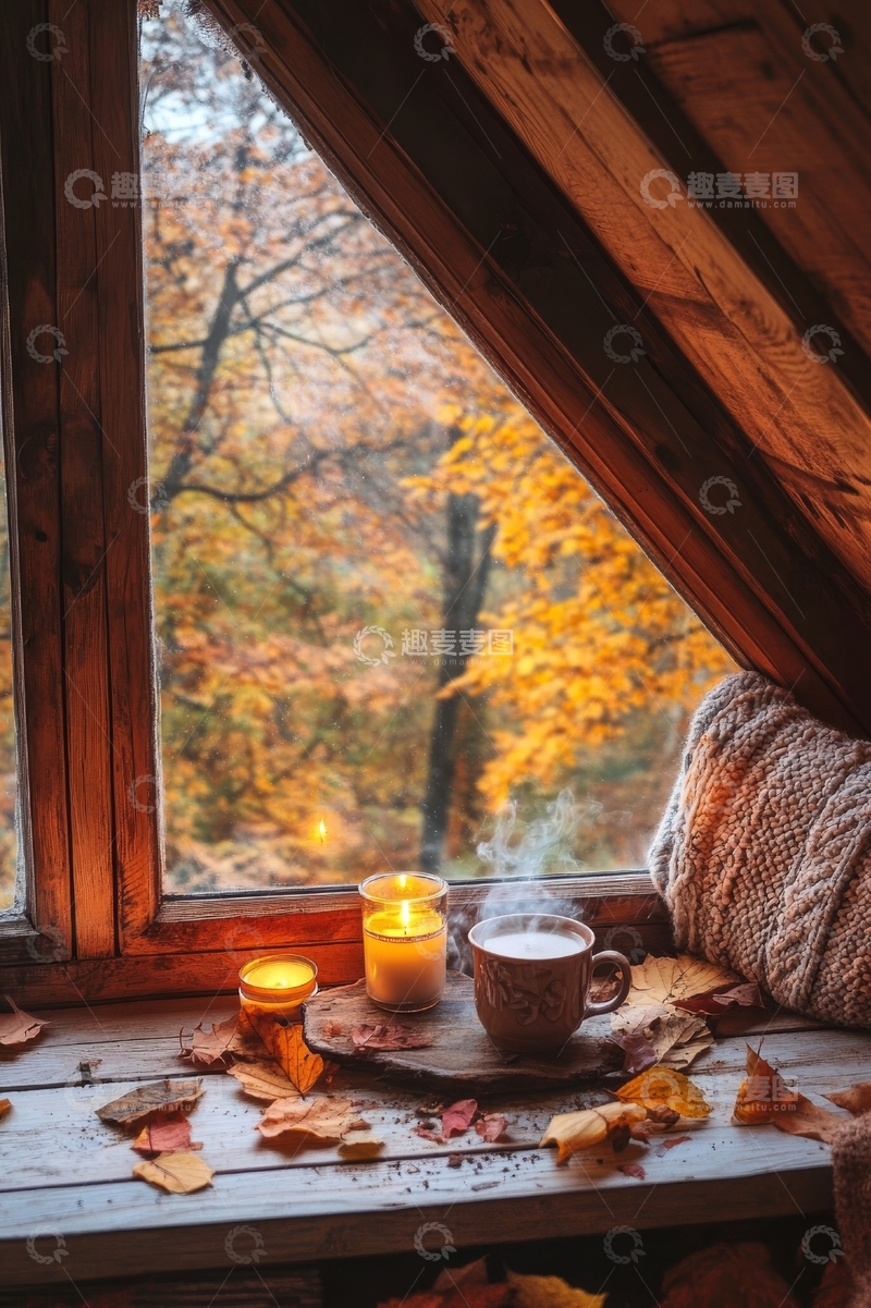 高清大图下载【趣麦麦图】秋日窗台，温暖茶香与烛光