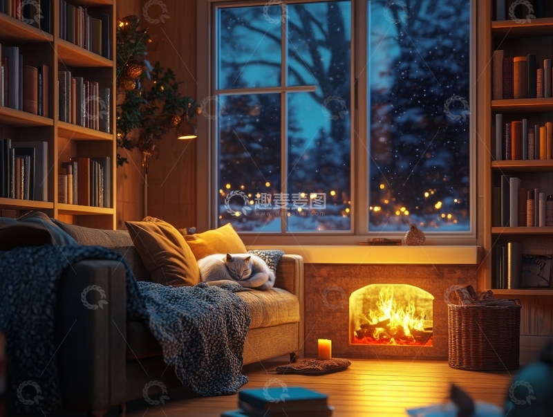 高清大图下载【趣麦麦图】温馨客厅冬夜，炉火与窗外雪景
