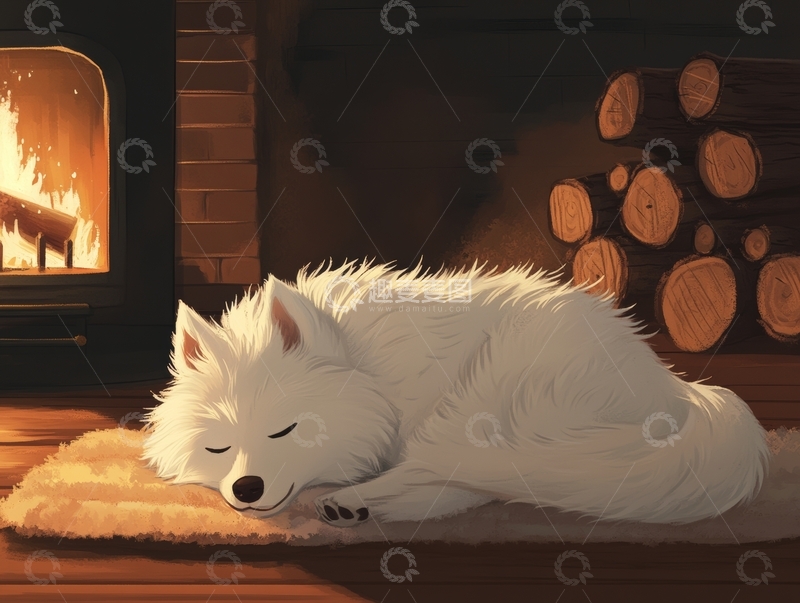高清大图下载【趣麦麦图】炉火旁熟睡的白色小狗