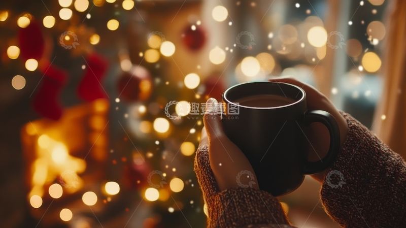 高清大图下载【趣麦麦图】双手捧着热饮，背景是闪烁的节日灯光