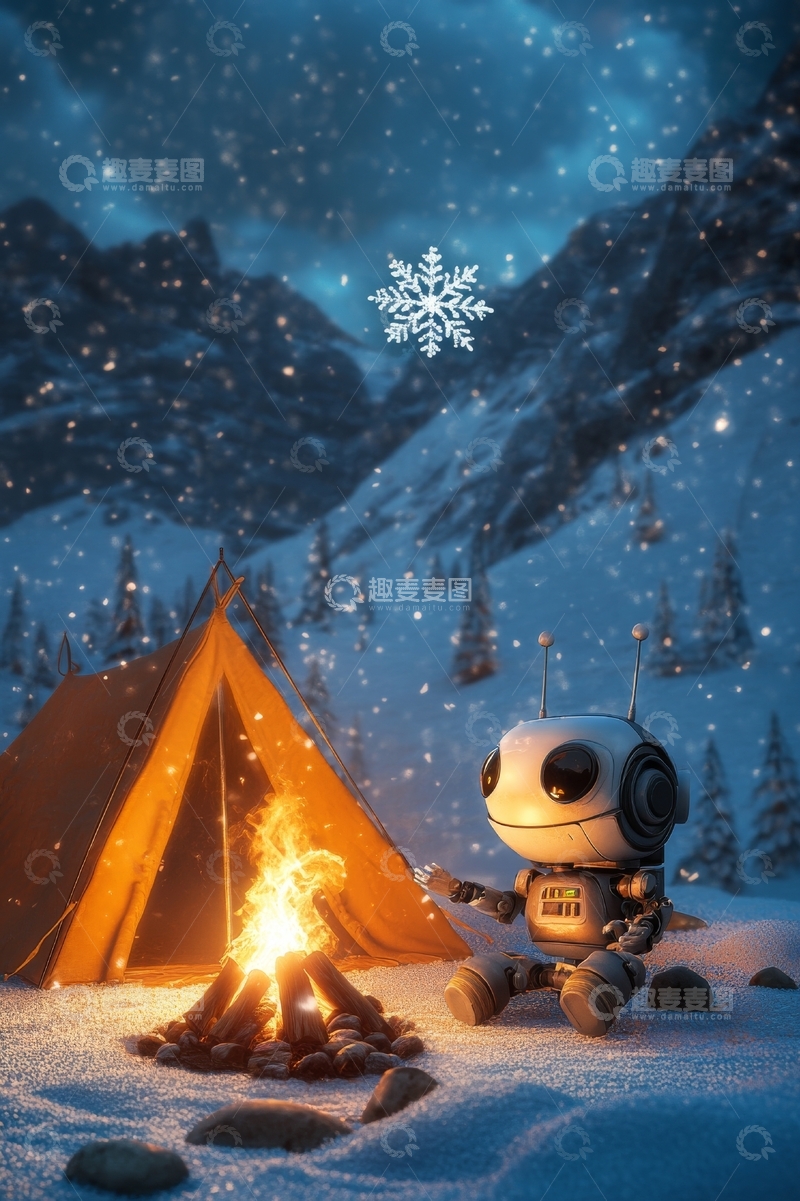 高清大图下载【趣麦麦图】雪夜露营，机器人围坐篝火旁