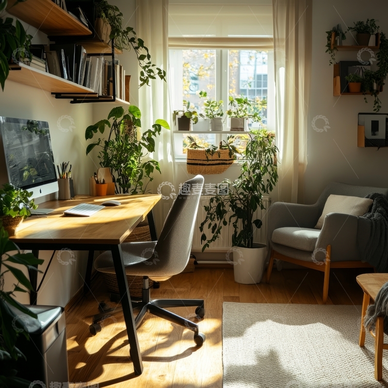高清大图下载【趣麦麦图】温馨室内办公角，绿植环绕