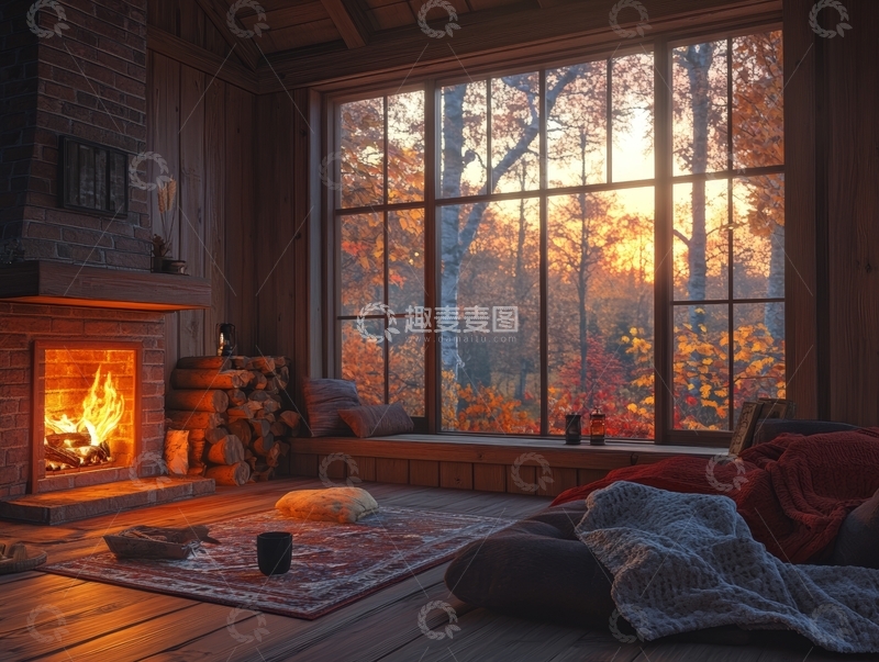 高清大图下载【趣麦麦图】温馨木屋秋景，壁炉旁的宁静时光