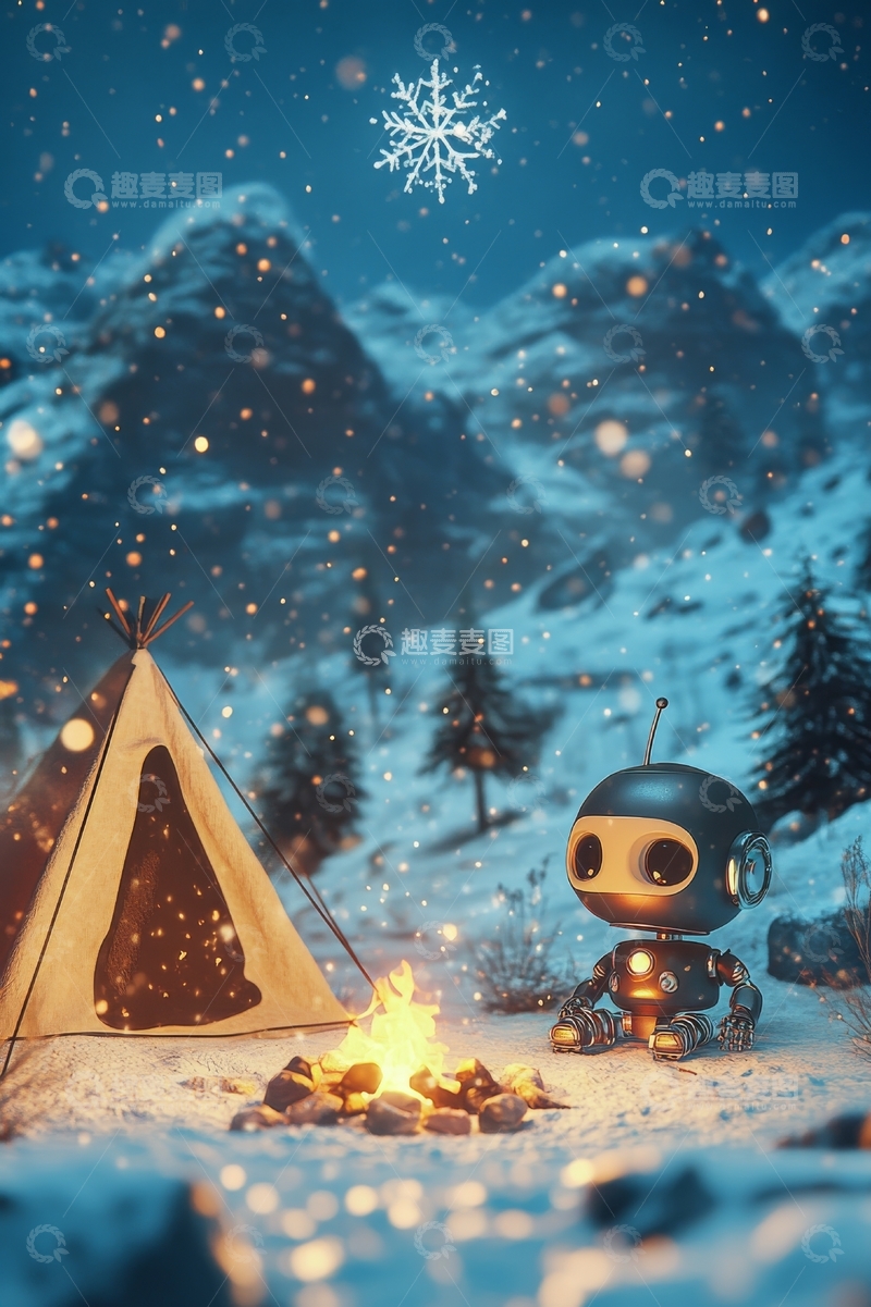 高清大图下载【趣麦麦图】雪夜露营，机器人与篝火相伴