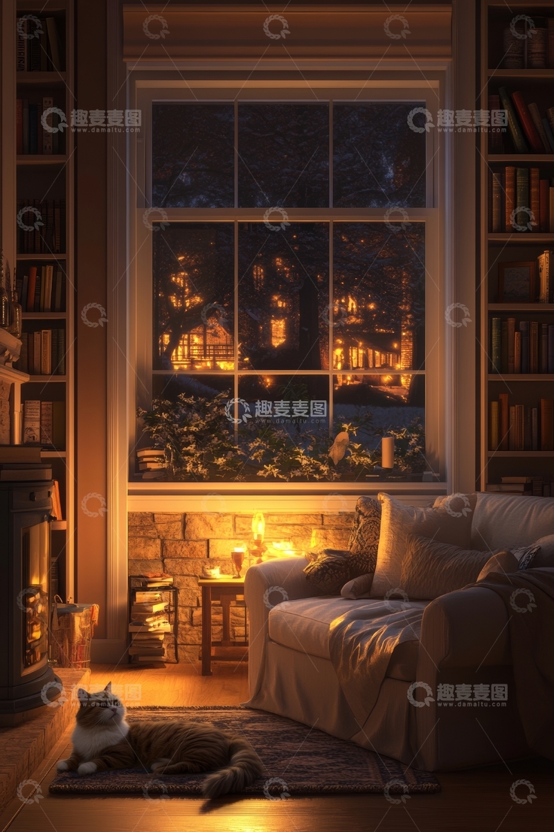 高清大图下载【趣麦麦图】温馨书房夜景，猫咪静卧窗前