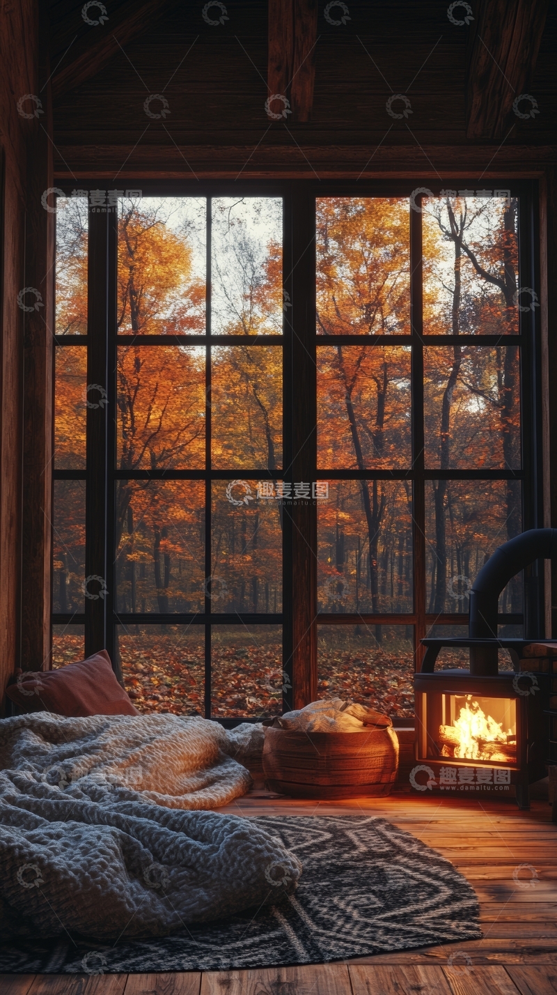 高清大图下载【趣麦麦图】秋日暖居，窗外落叶纷飞