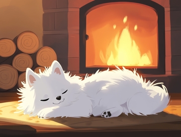 白色小狗在壁炉前温暖地睡觉