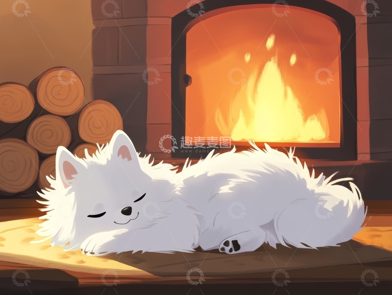 高清大图下载【趣麦麦图】白色小狗在壁炉前温暖地睡觉