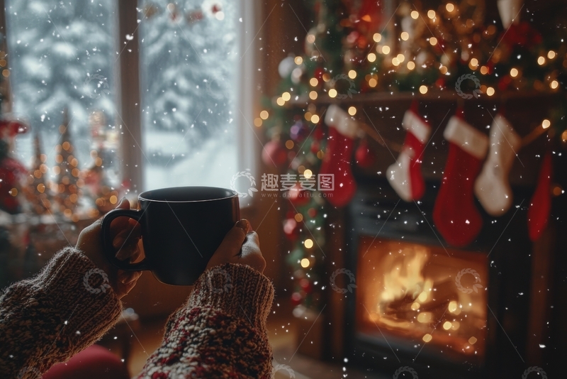 高清大图下载【趣麦麦图】冬日暖炉旁的温馨圣诞时光