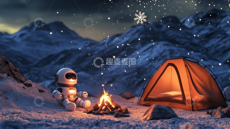 高清大图下载【趣麦麦图】机器人与帐篷在雪山下的篝火旁