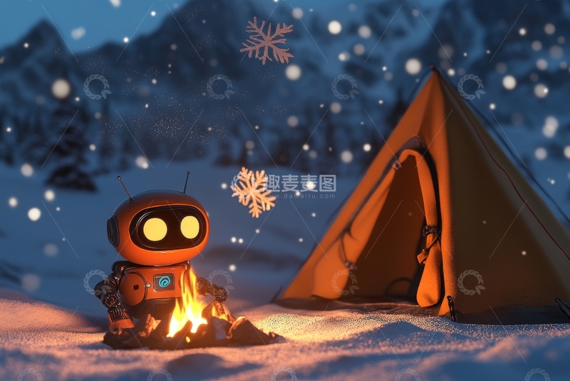 高清大图下载【趣麦麦图】雪夜露营，机器人围火取暖