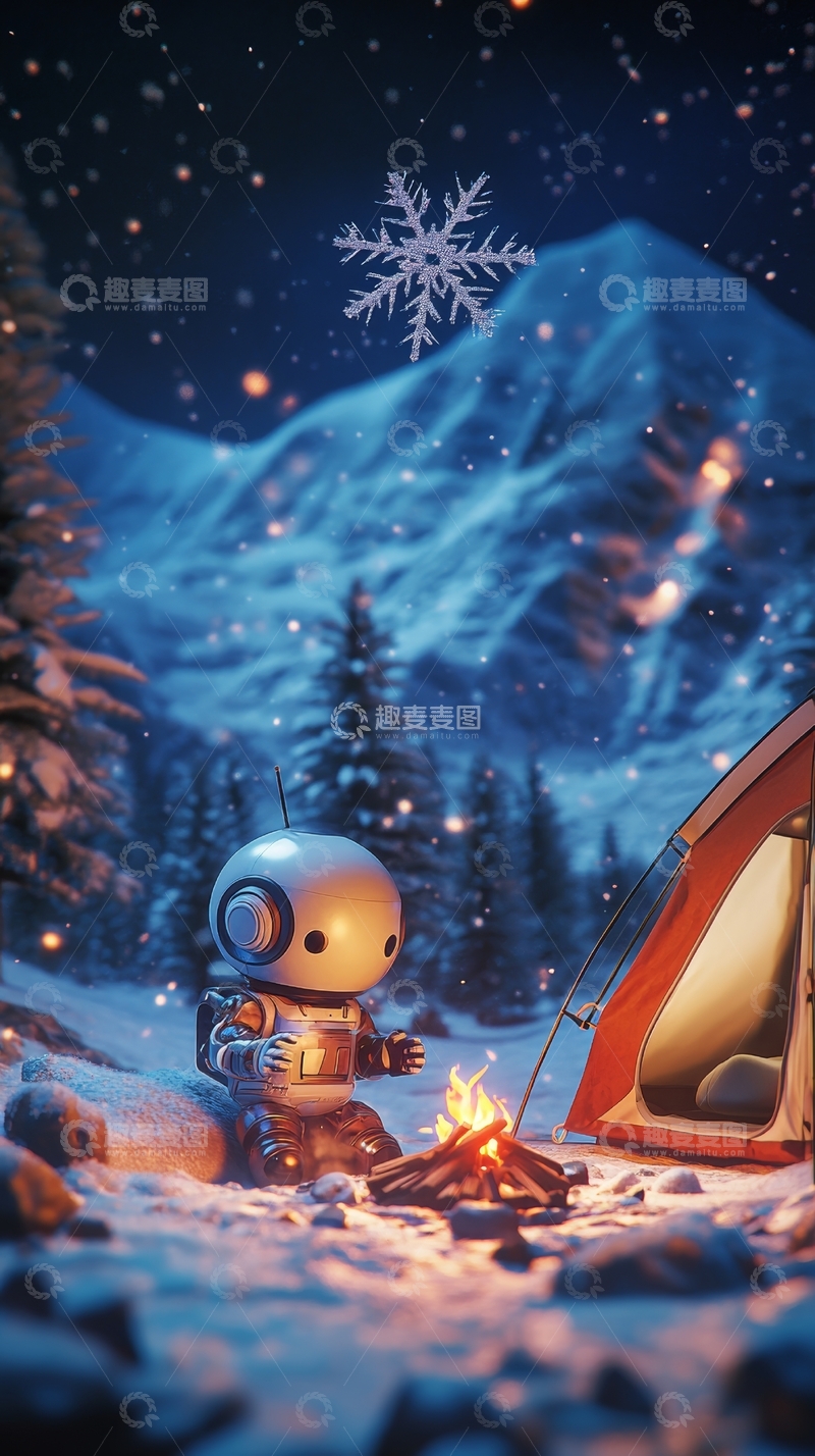 高清大图下载【趣麦麦图】雪夜露营，机器人围火取暖
