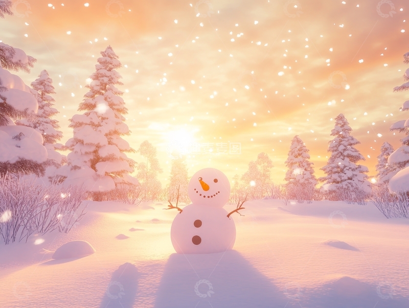 高清大图下载【趣麦麦图】雪地里的雪人与日落景色