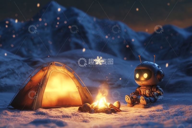 高清大图下载【趣麦麦图】雪地露营，机器人与篝火相伴